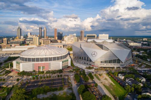 Aerial image of Mercedez Benz Stadium and Georgia Dome sports arenas at Downtown Atlanta GA