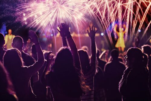 cheering crowd and fireworks