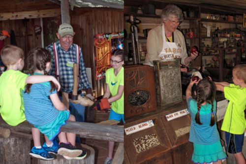 split pictures of a group of kids watching a demonstration in pioneer village