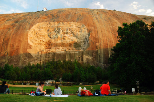 View of Stone Mountain Park in Dekalb County; visitors seated waiting for the laser light show