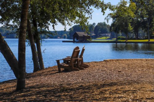 Two wooden chairs on a empty bank of a lake surrounded by lush green trees